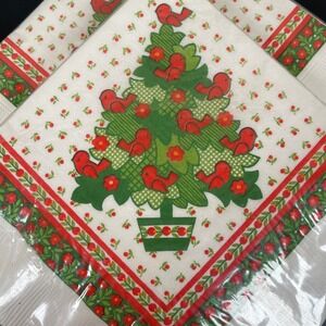 Vtg 2 Ambassador Christmas Tree Red Bird Luncheon Napkins MCM Partridge Holly‎